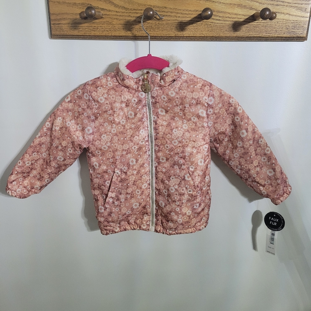 NWT Nicole Miller Reversible Toddler Jacket Coat Floral & Faux Fur, Size 3T